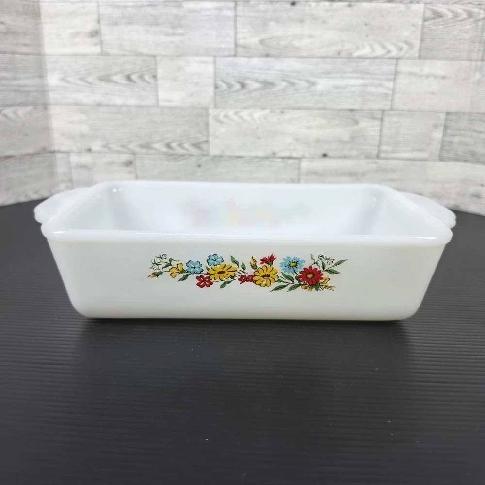 Floral Fire‎ King 409 Milk Glass  1 Qt Colorful  Loaf Casserole Dish